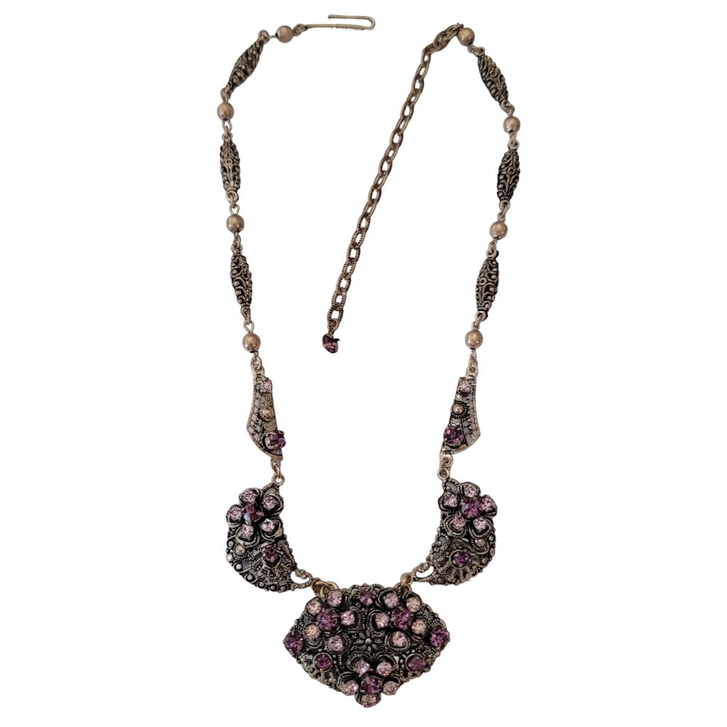 W Germany Gold Tone Filigree Bead Purple Rhinestone Collar Style Necklace, E522